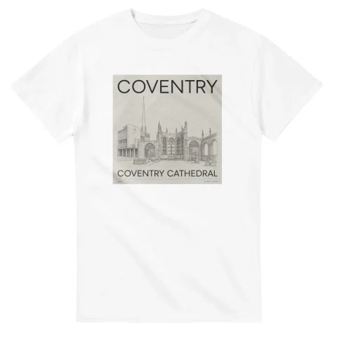 Fine-line engraving-style drawing for Coventry, with a landmark caption and small coordinate text.