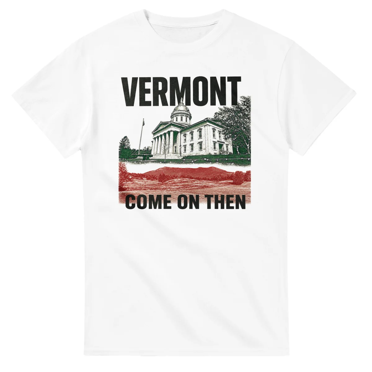Two-colour scenic illustration for Vermont, with the place name and COME ON THEN lettering.