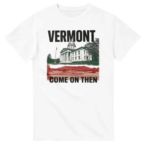 Two-colour scenic illustration for Vermont, with the place name and COME ON THEN lettering.