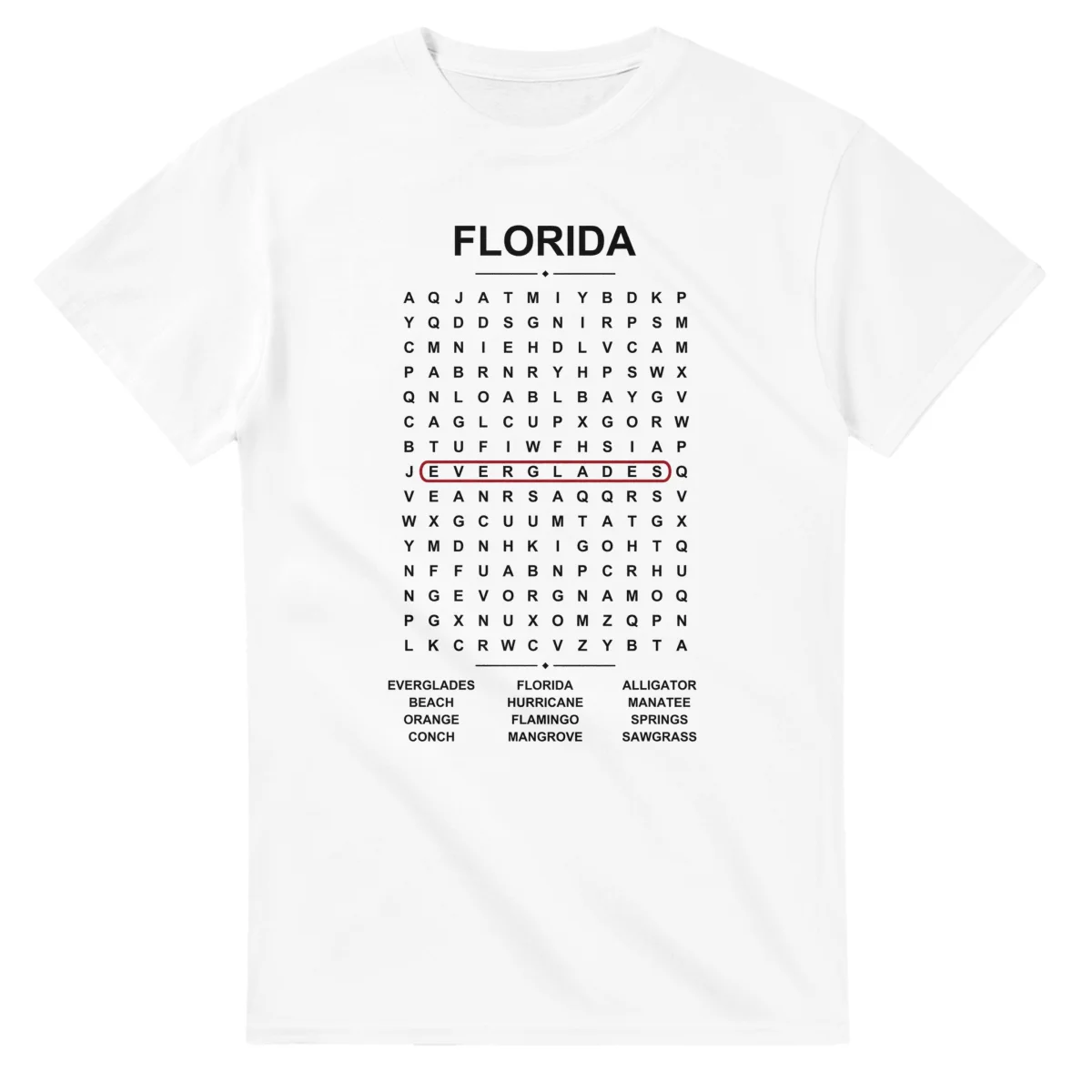 Word-search sheet for Florida, with a large place-name heading, a letter grid, a local answer list, and a red highlighted example word.