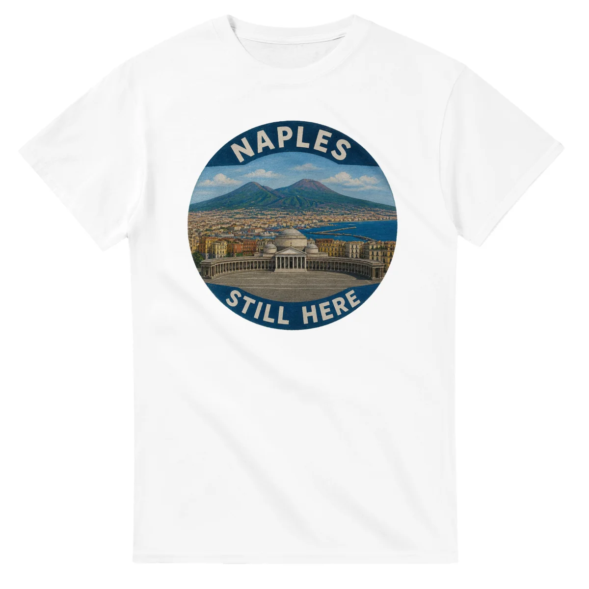 Painted, panelled scenic illustration for Naples, with paired local scenes and the place name in lettering.