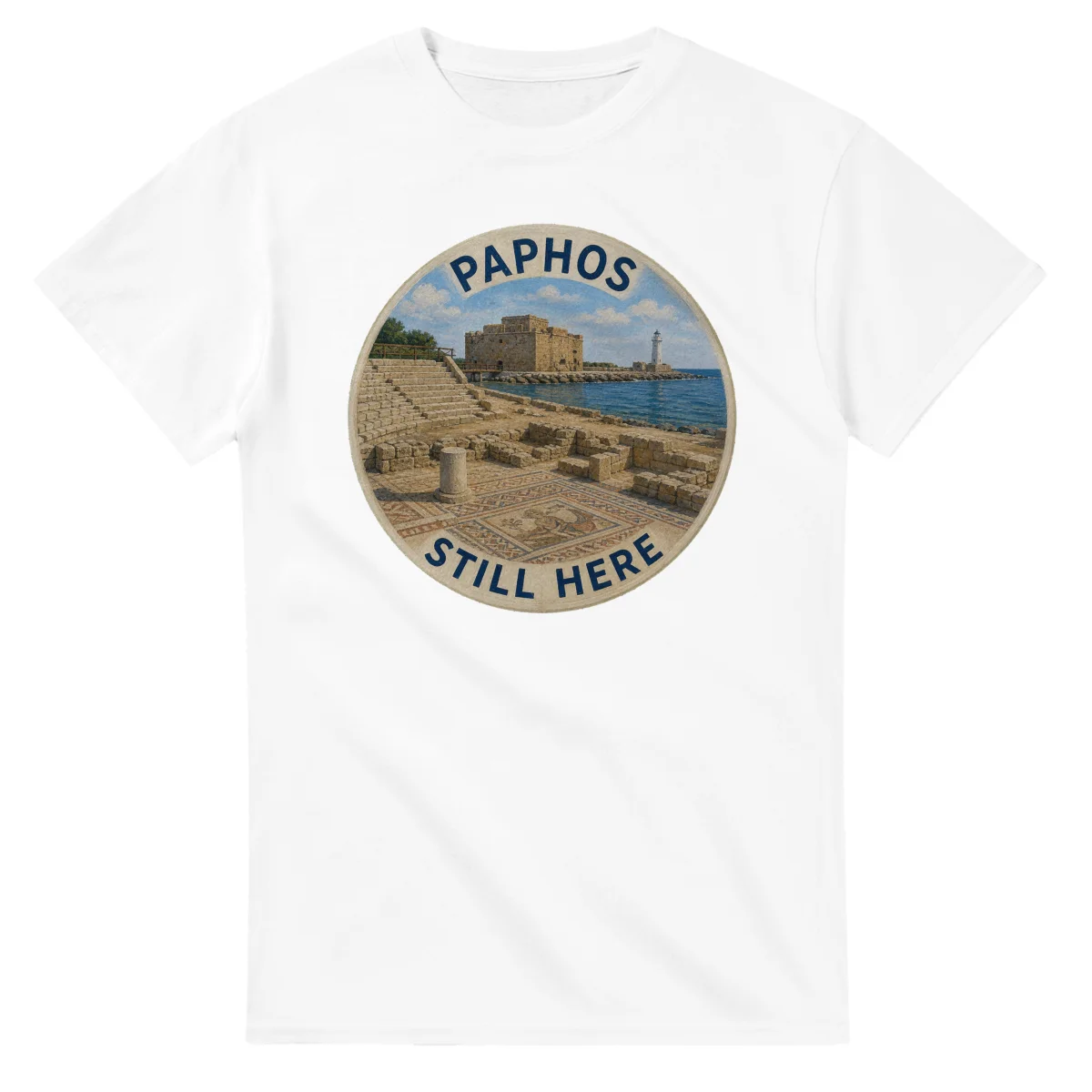 Painted, panelled scenic illustration for Paphos, with paired local scenes and the place name in lettering.