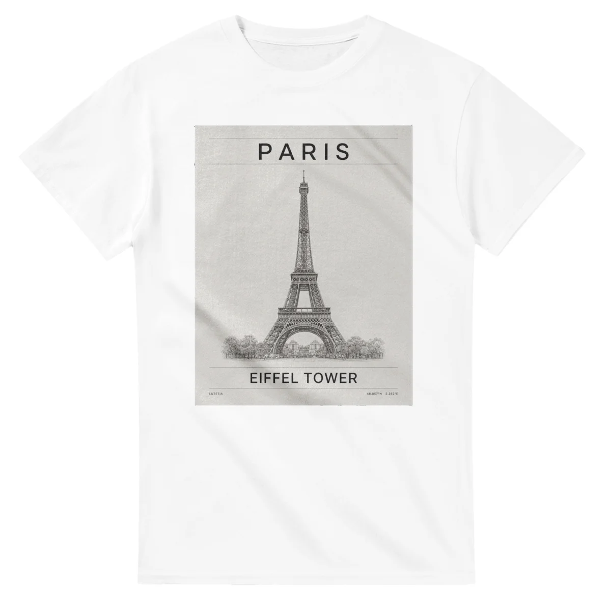 Fine-line engraving-style drawing for Paris, with a landmark caption and small coordinate text.