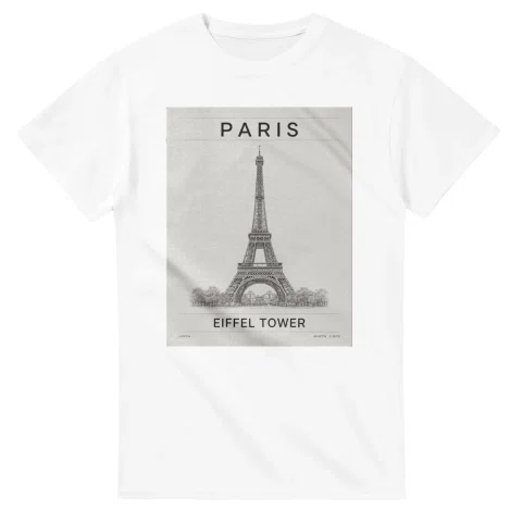 Fine-line engraving-style drawing for Paris, with a landmark caption and small coordinate text.