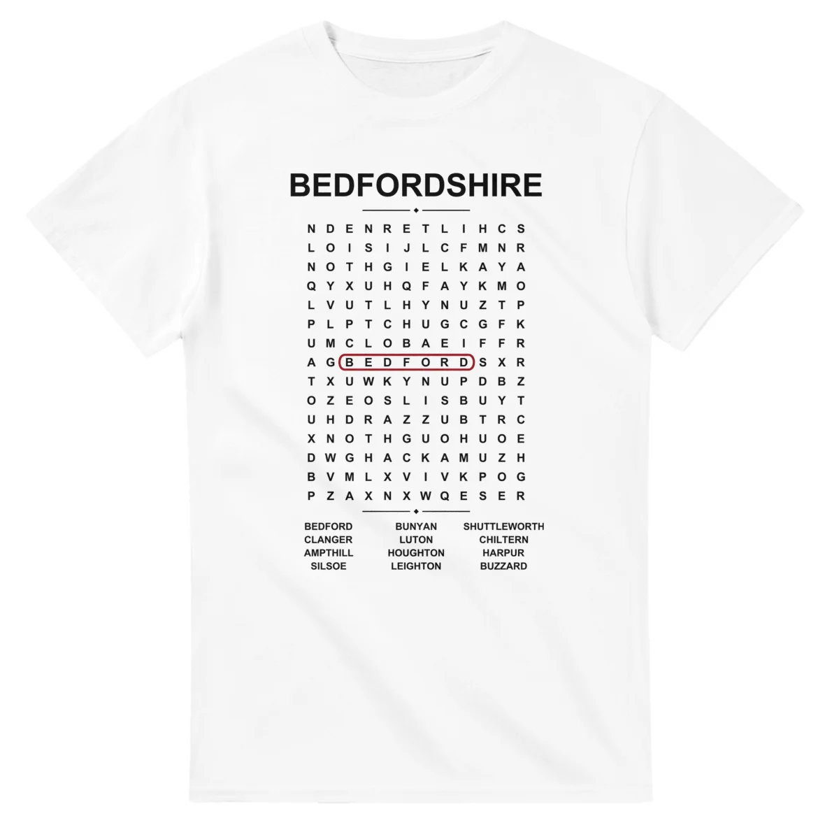 Word-search sheet for Bedfordshire, with a large place-name heading, a letter grid, a local answer list, and a red highlighted example word.
