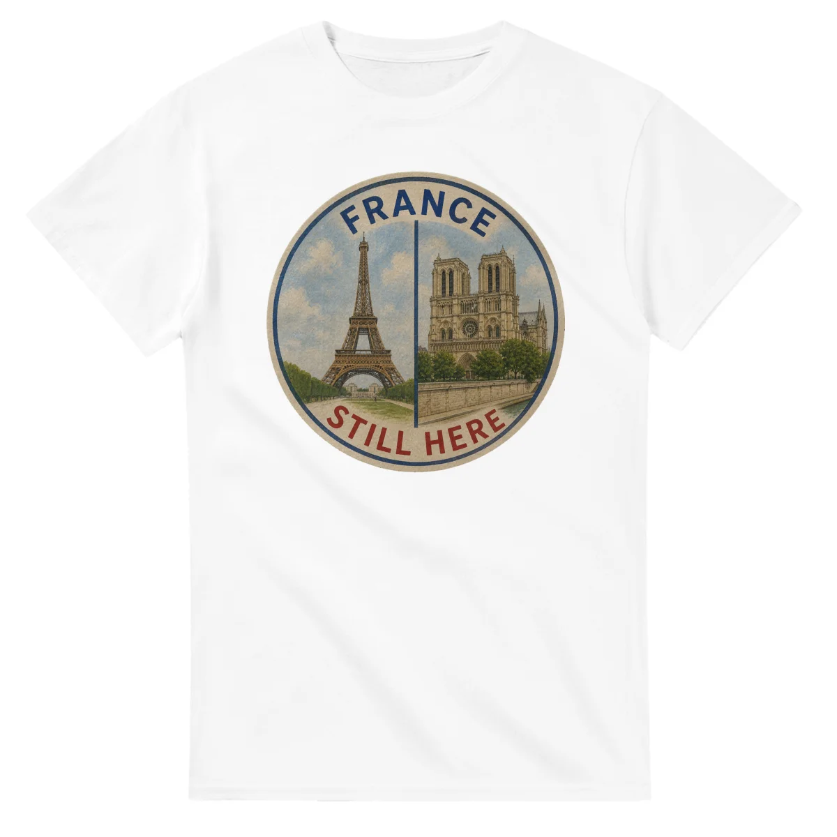 Painted, panelled scenic illustration for France, with paired local scenes and the place name in lettering.