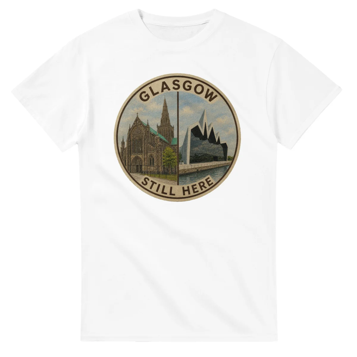 Painted, panelled scenic illustration for Glasgow, with paired local scenes and the place name in lettering.