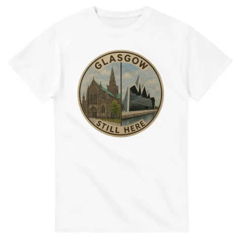 Painted, panelled scenic illustration for Glasgow, with paired local scenes and the place name in lettering.