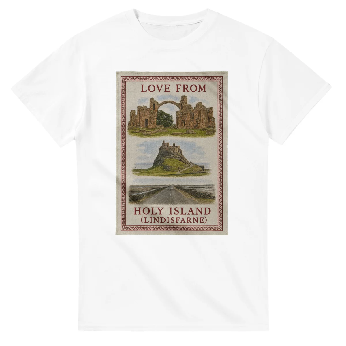 Framed scenic design for Holy Island (Lindisfarne), with several local views, a decorative border and LOVE FROM lettering.