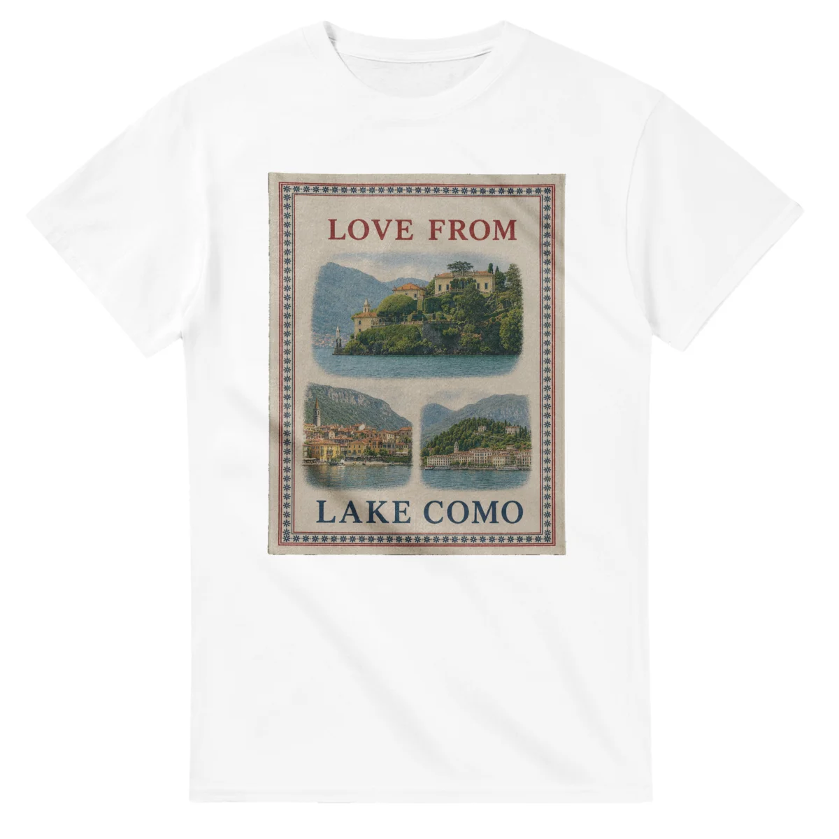 Framed scenic design for Lake Como, with several local views, a decorative border and LOVE FROM lettering.