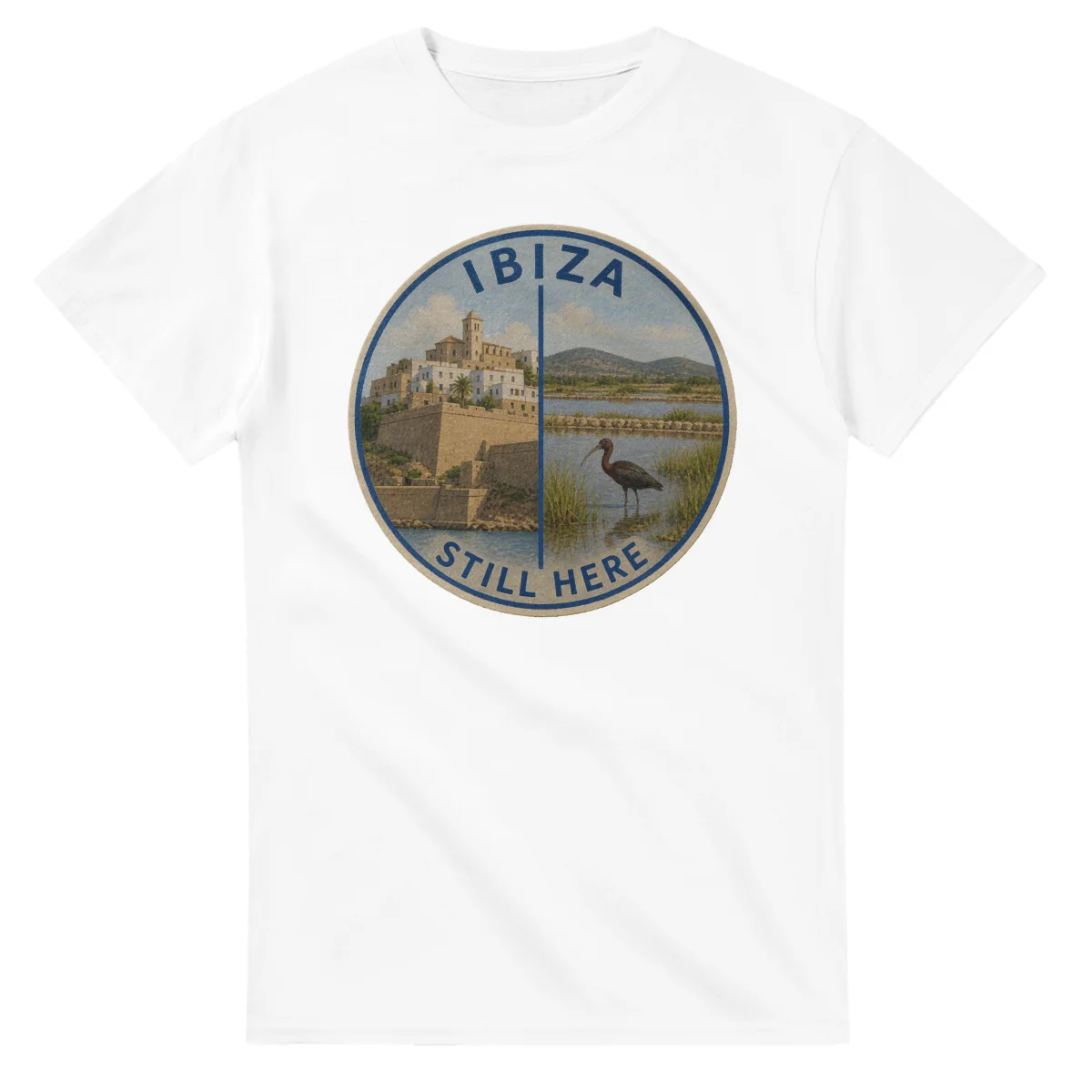 Painted, panelled scenic illustration for Ibiza, with paired local scenes and the place name in lettering.