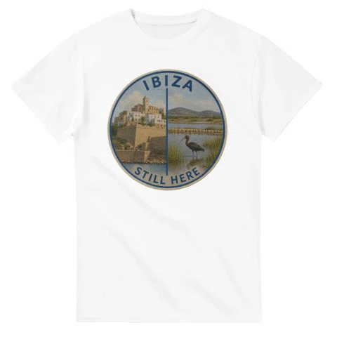 Painted, panelled scenic illustration for Ibiza, with paired local scenes and the place name in lettering.