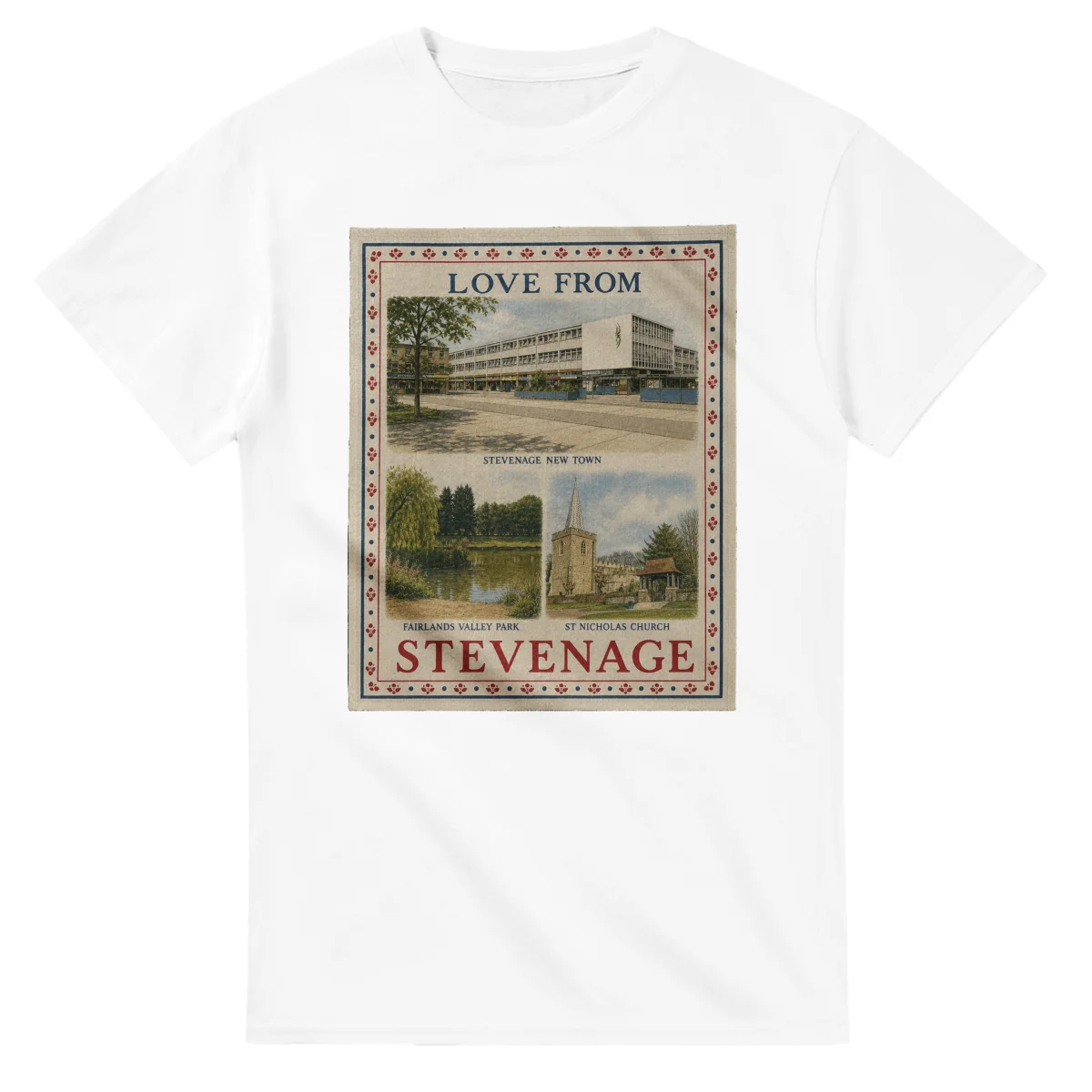 Framed scenic design for Stevenage, with several local views, a decorative border and LOVE FROM lettering.