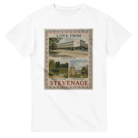 Framed scenic design for Stevenage, with several local views, a decorative border and LOVE FROM lettering.