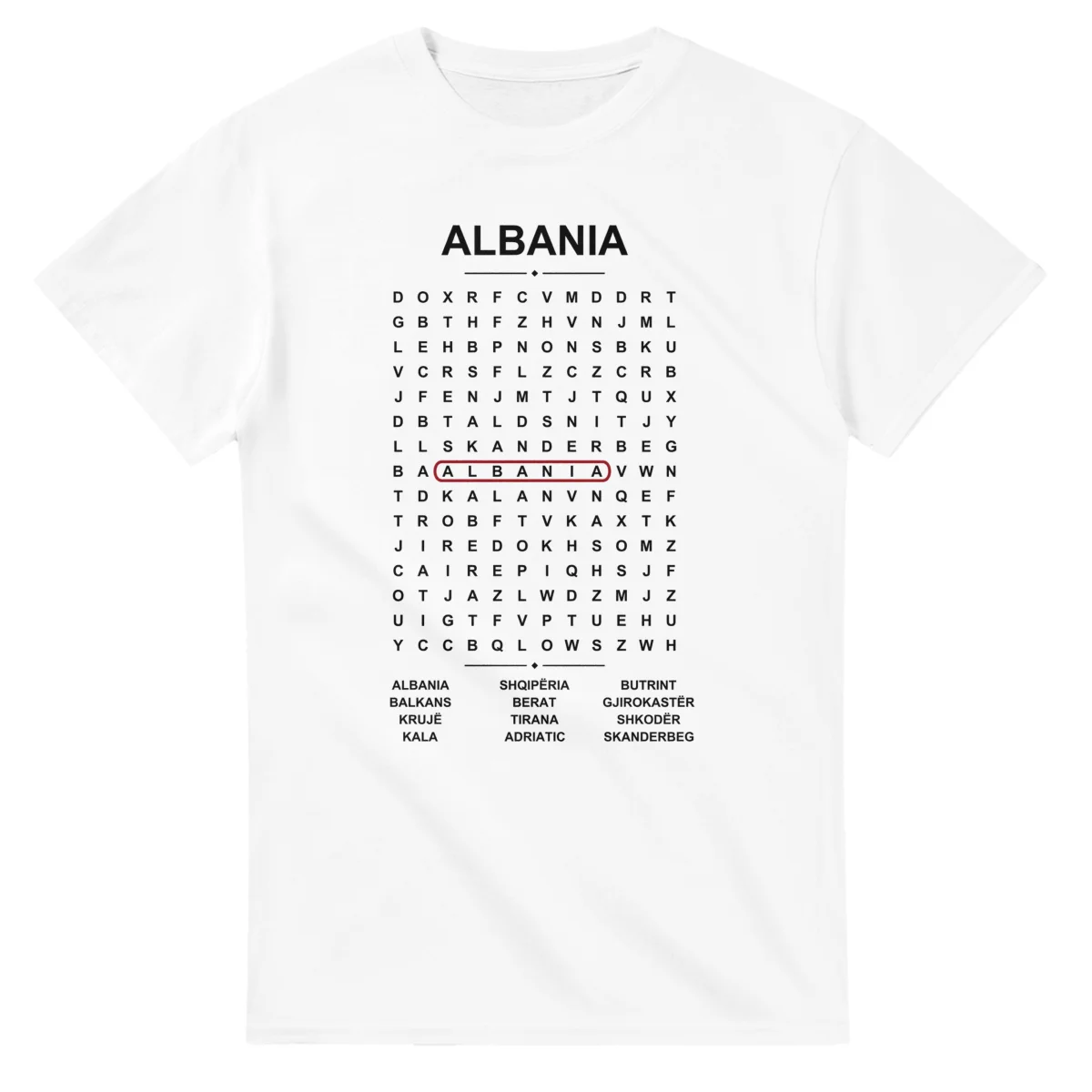 Word-search sheet for Albania, with a large place-name heading, a letter grid, a local answer list, and a red highlighted example word.