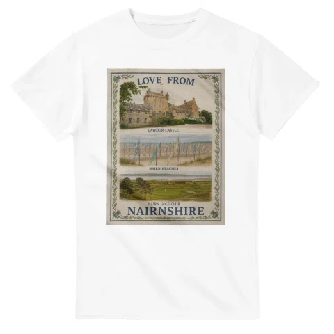 Framed scenic design for Nairnshire, with several local views, a decorative border and LOVE FROM lettering.