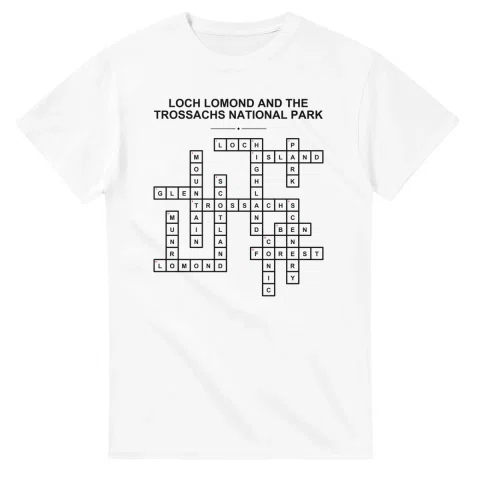 Monochrome crossword sheet for Loch Lomond and The Trossachs National Park, with a large place-name heading, a letter grid, and numbered across and down clues.