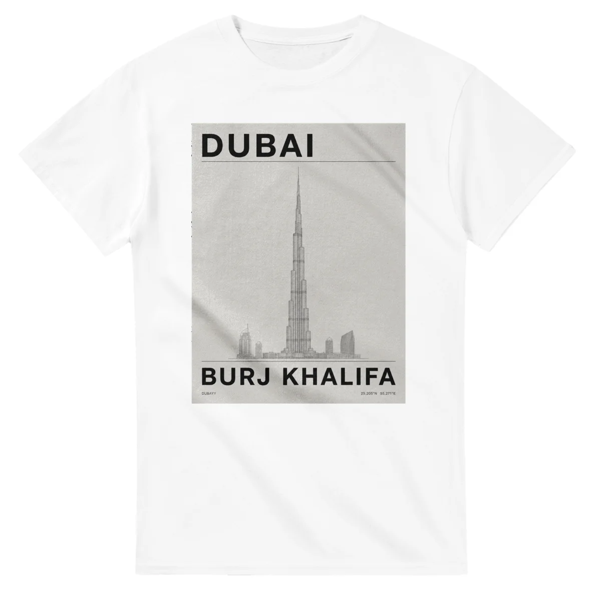 Fine-line engraving-style drawing for Dubai, with a landmark caption and small coordinate text.