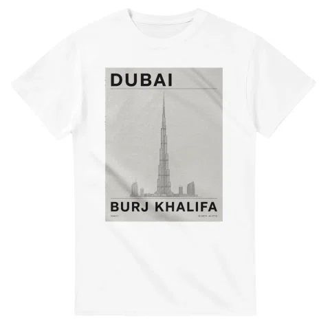 Fine-line engraving-style drawing for Dubai, with a landmark caption and small coordinate text.