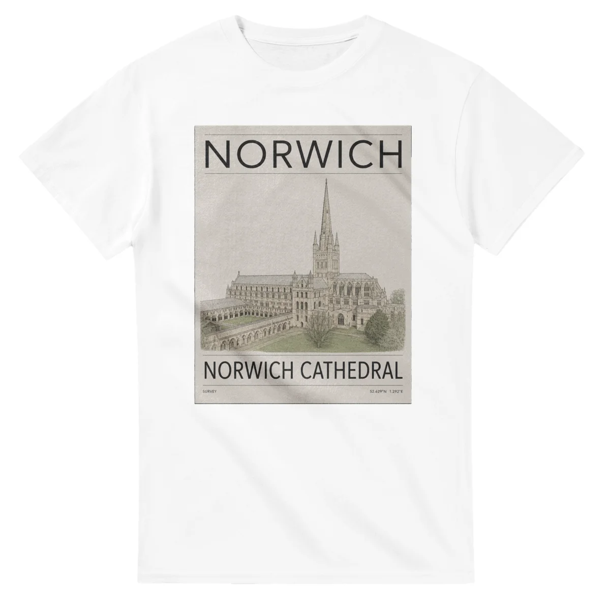 Fine-line engraving-style drawing for Norwich, with a landmark caption and small coordinate text.