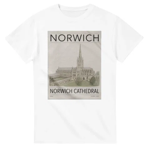 Fine-line engraving-style drawing for Norwich, with a landmark caption and small coordinate text.