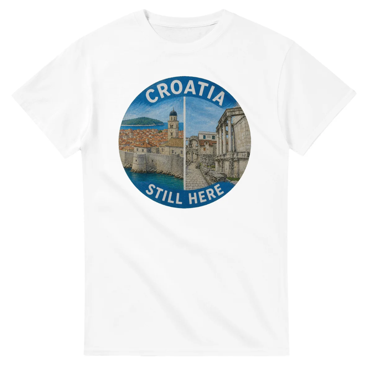 Painted, panelled scenic illustration for Croatia, with paired local scenes and the place name in lettering.