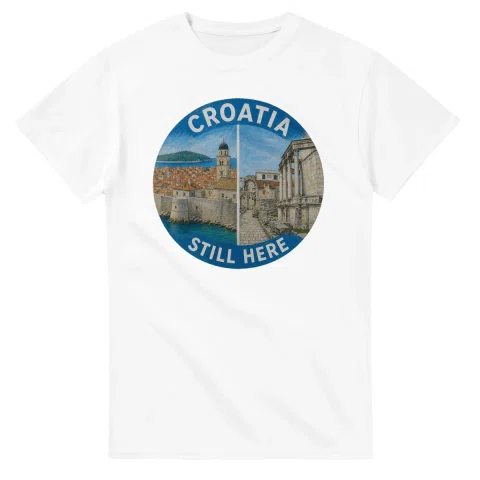Painted, panelled scenic illustration for Croatia, with paired local scenes and the place name in lettering.