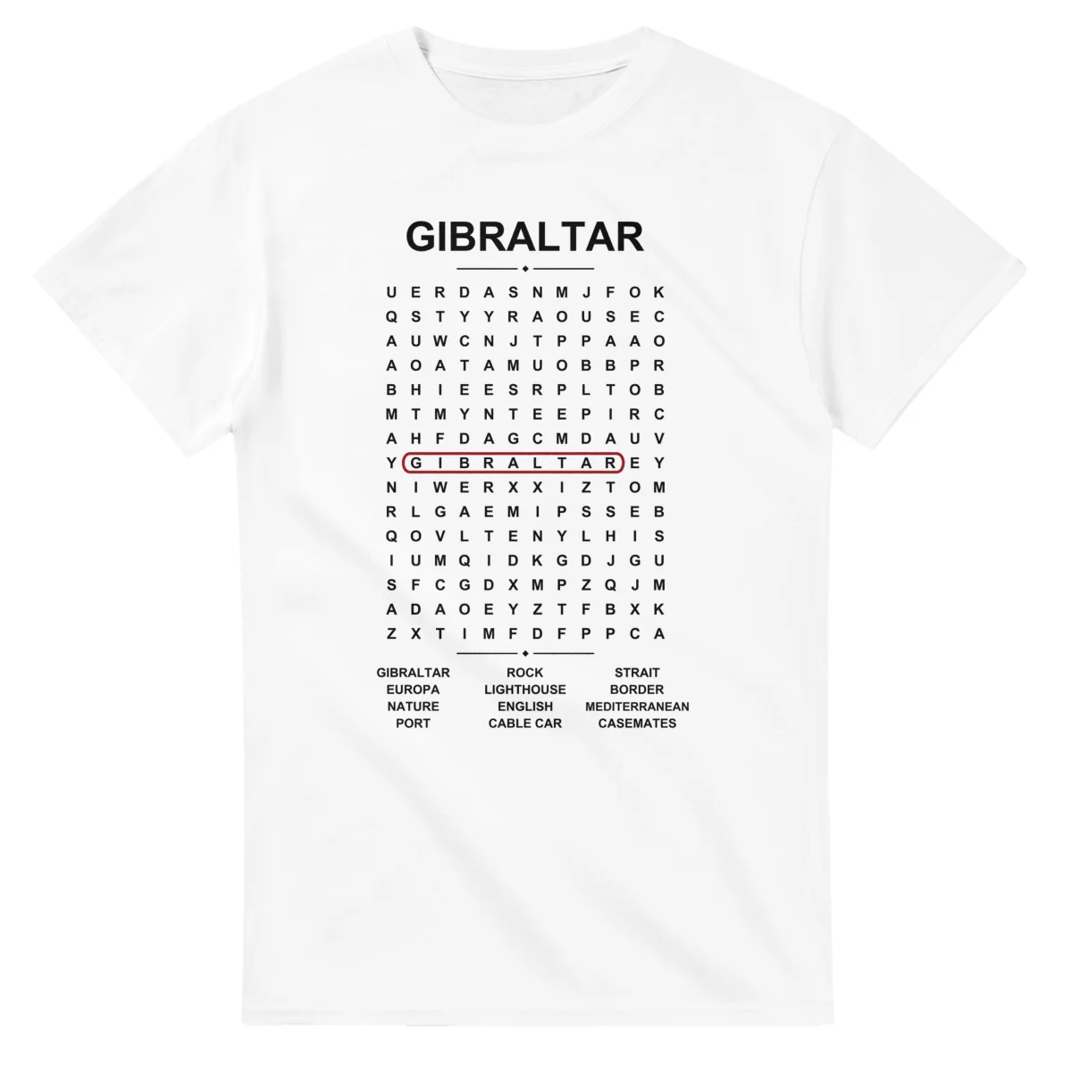 Word-search sheet for Gibraltar, with a large place-name heading, a letter grid, a local answer list, and a red highlighted example word.