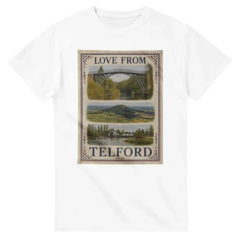 Framed scenic design for Telford, with several local views, a decorative border and LOVE FROM lettering.