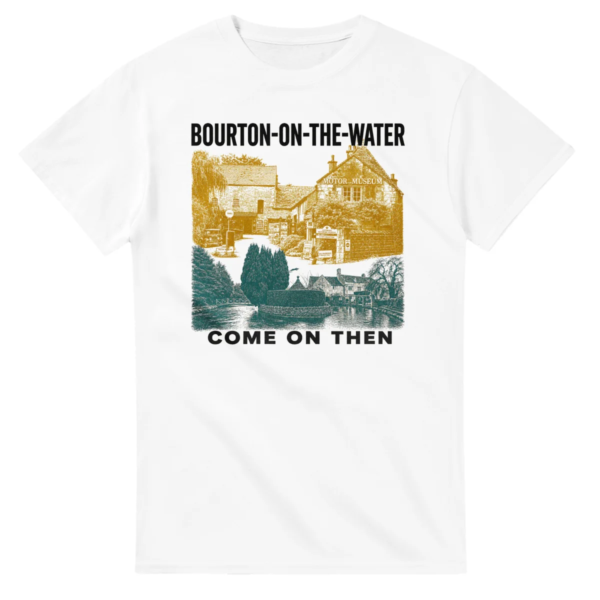 Two-colour scenic illustration for Bourton-on-the-Water, with the place name and COME ON THEN lettering.