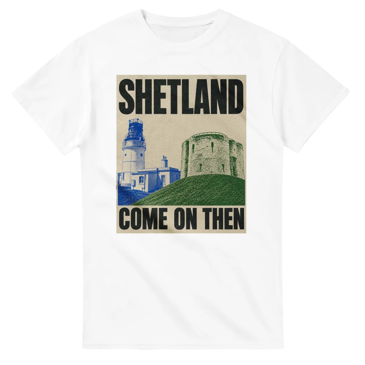 Two-colour scenic illustration for Shetland, with the place name and COME ON THEN lettering.