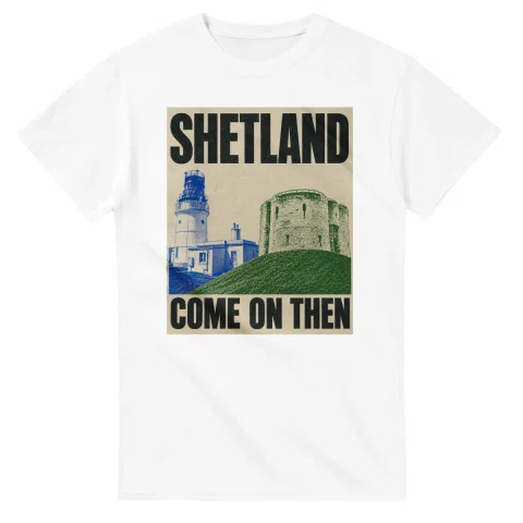 Two-colour scenic illustration for Shetland, with the place name and COME ON THEN lettering.
