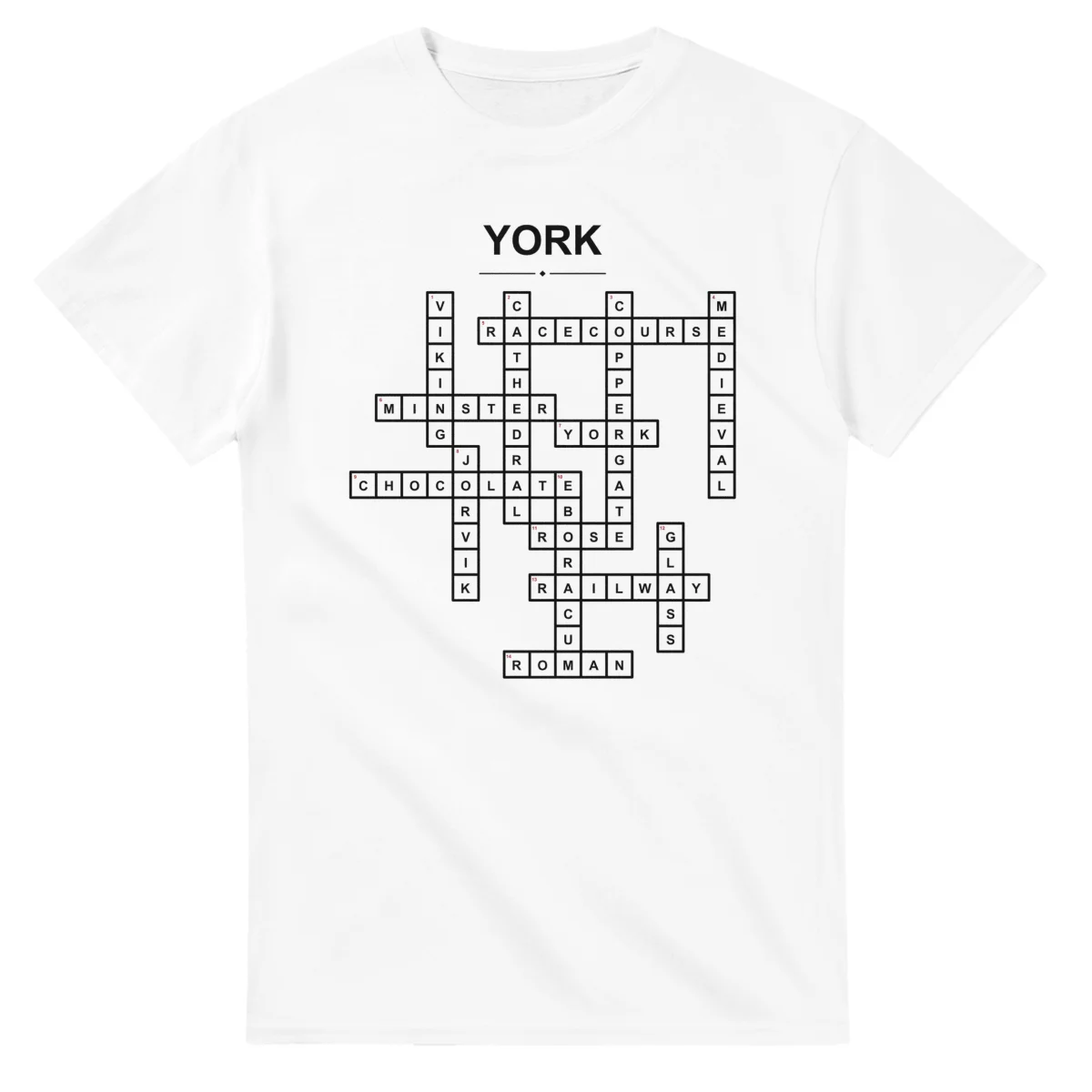 Monochrome crossword sheet for York, with a large place-name heading, a letter grid, and numbered across and down clues.