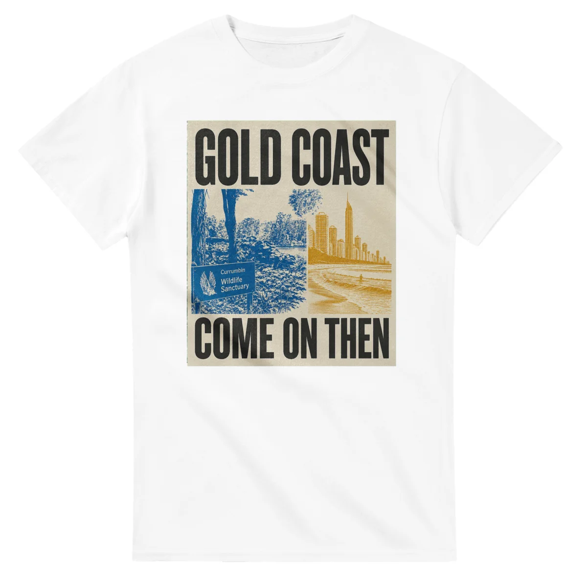 Two-colour scenic illustration for Gold Coast, with the place name and COME ON THEN lettering.