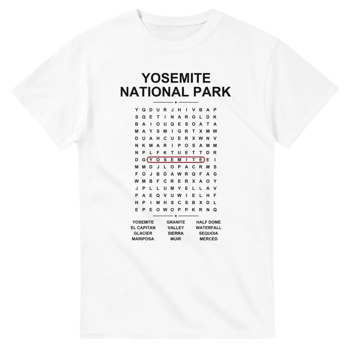 Word-search sheet for Yosemite National Park, with a large place-name heading, a letter grid, a local answer list, and a red highlighted example word.