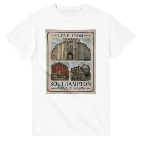 Framed scenic design for Southampton, with several local views, a decorative border and LOVE FROM lettering.
