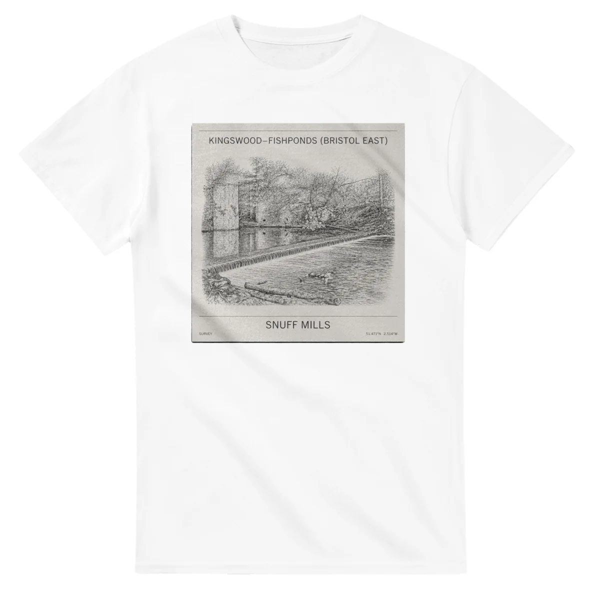 Fine-line engraving-style drawing for Kingswood–Fishponds (Bristol East), with a landmark caption and small coordinate text.