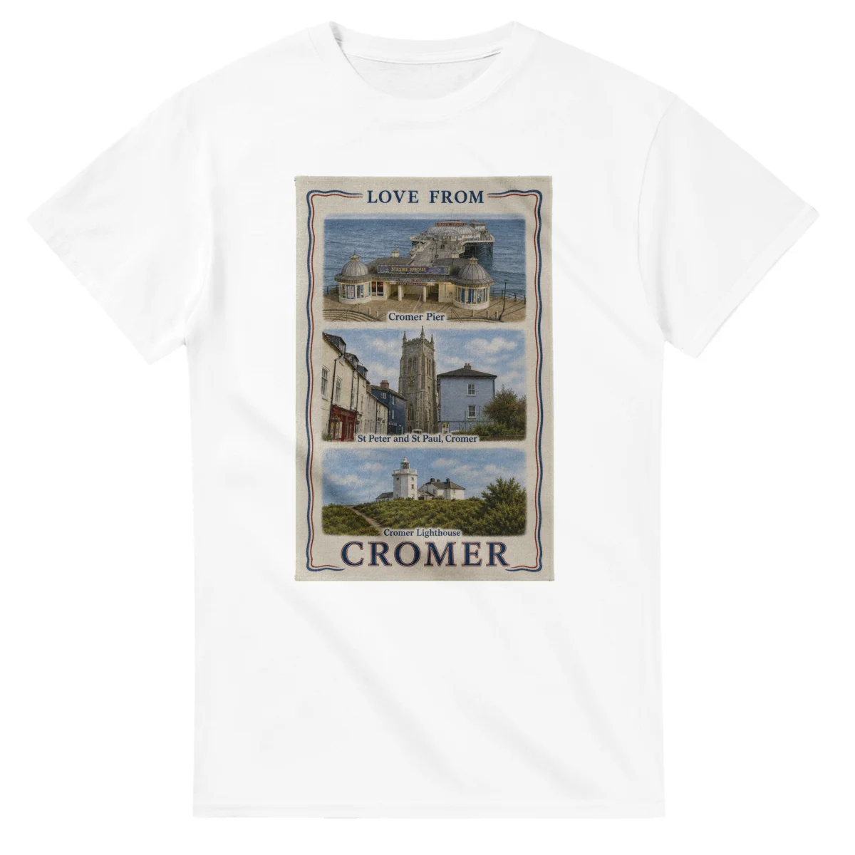 Framed scenic design for Cromer, with several local views, a decorative border and LOVE FROM lettering.