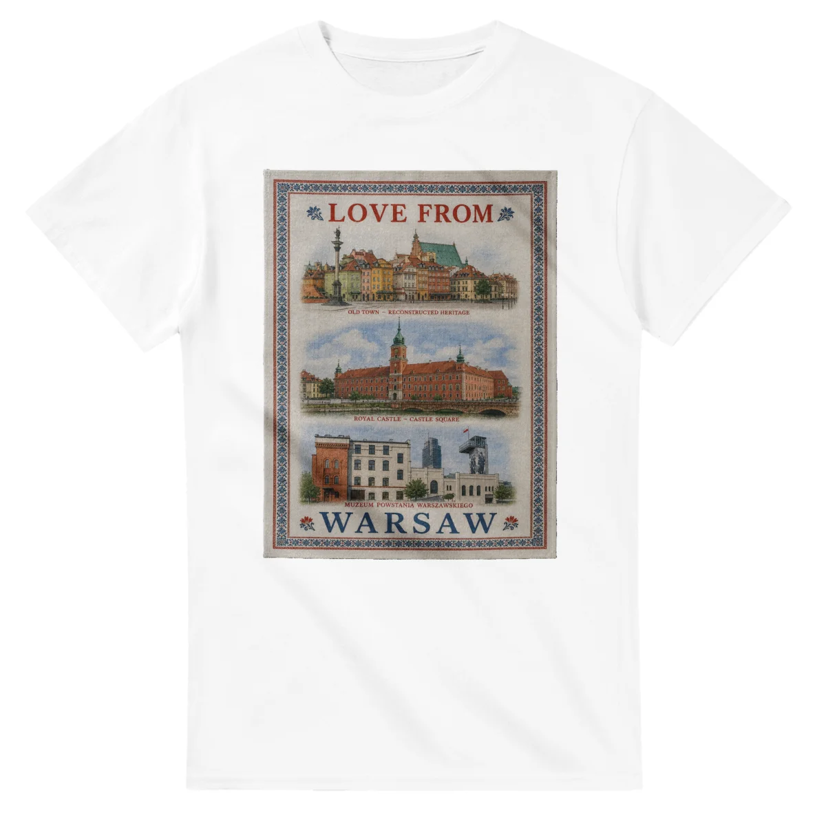 Framed scenic design for Warsaw, with several local views, a decorative border and LOVE FROM lettering.
