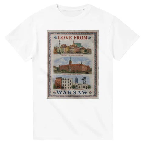Framed scenic design for Warsaw, with several local views, a decorative border and LOVE FROM lettering.