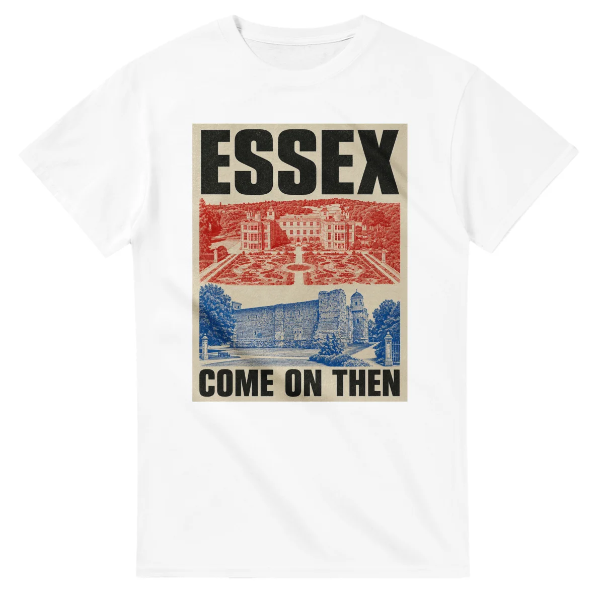 Two-colour scenic illustration for Essex, with the place name and COME ON THEN lettering.