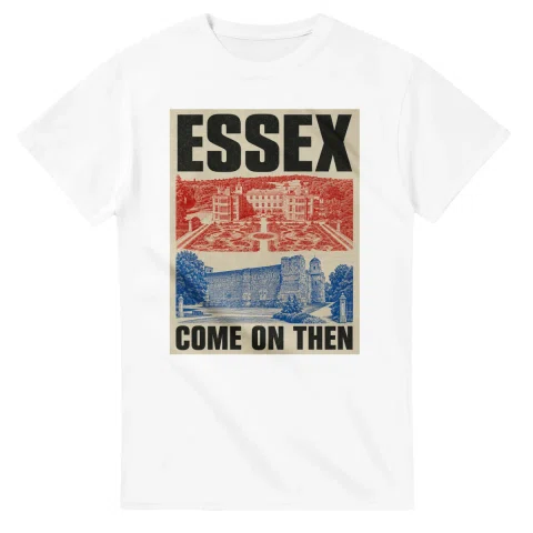 Two-colour scenic illustration for Essex, with the place name and COME ON THEN lettering.