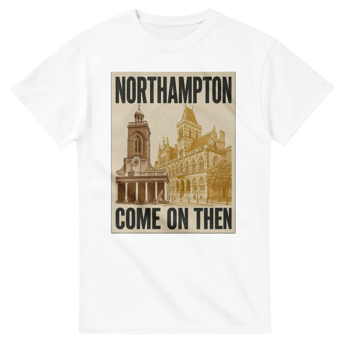 Two-colour scenic illustration for Northampton, with the place name and COME ON THEN lettering.