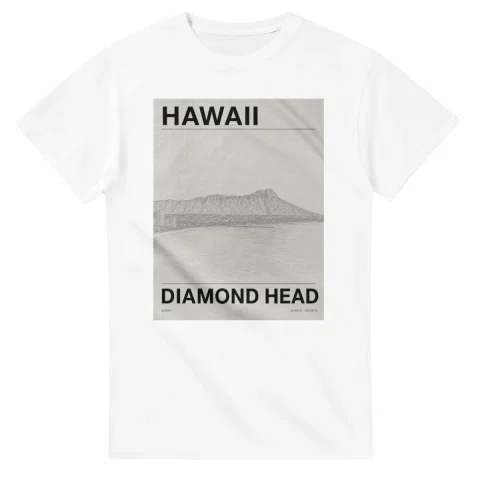 Fine-line engraving-style drawing for Hawaii, with a landmark caption and small coordinate text.