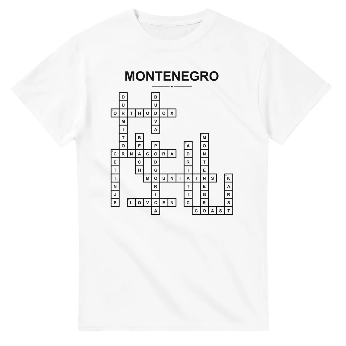 Monochrome crossword sheet for Montenegro, with a large place-name heading, a letter grid, and numbered across and down clues.
