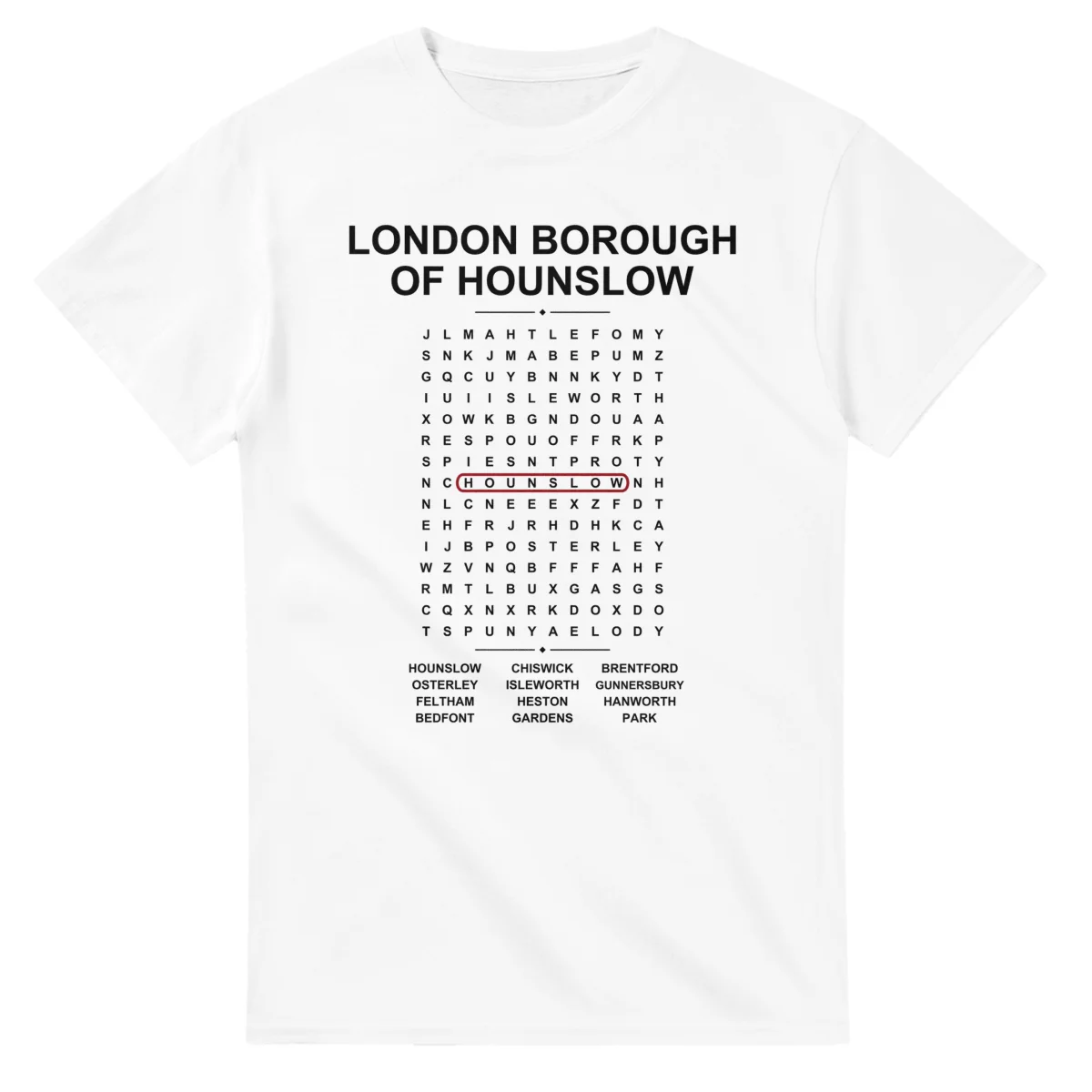 Word-search sheet for London Borough of Hounslow, with a large place-name heading, a letter grid, a local answer list, and a red highlighted example word.