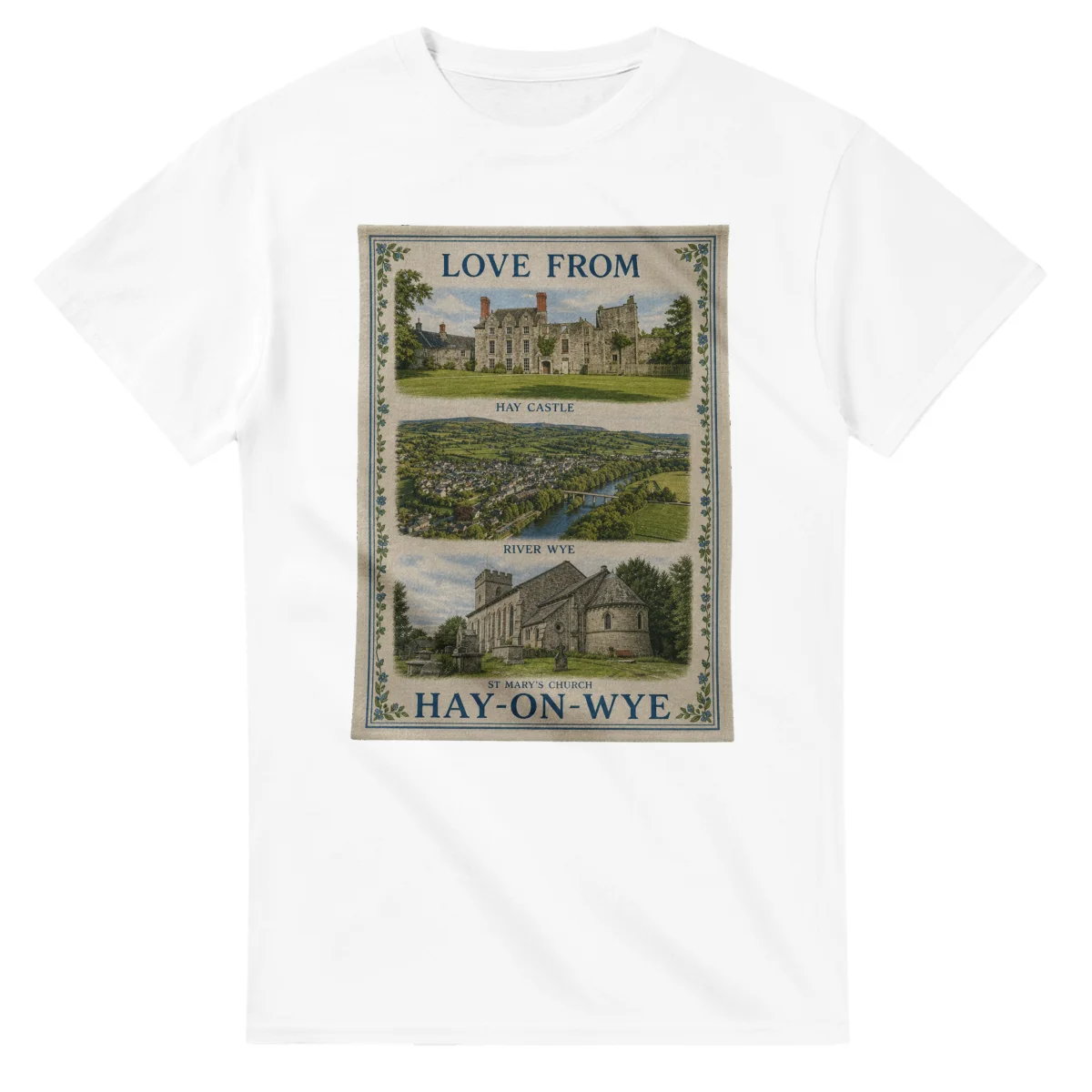 Framed scenic design for Hay-on-Wye, with several local views, a decorative border and LOVE FROM lettering.