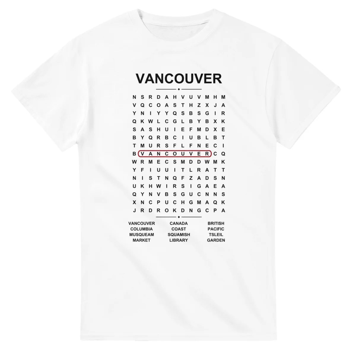 Word-search sheet for Vancouver, with a large place-name heading, a letter grid, a local answer list, and a red highlighted example word.