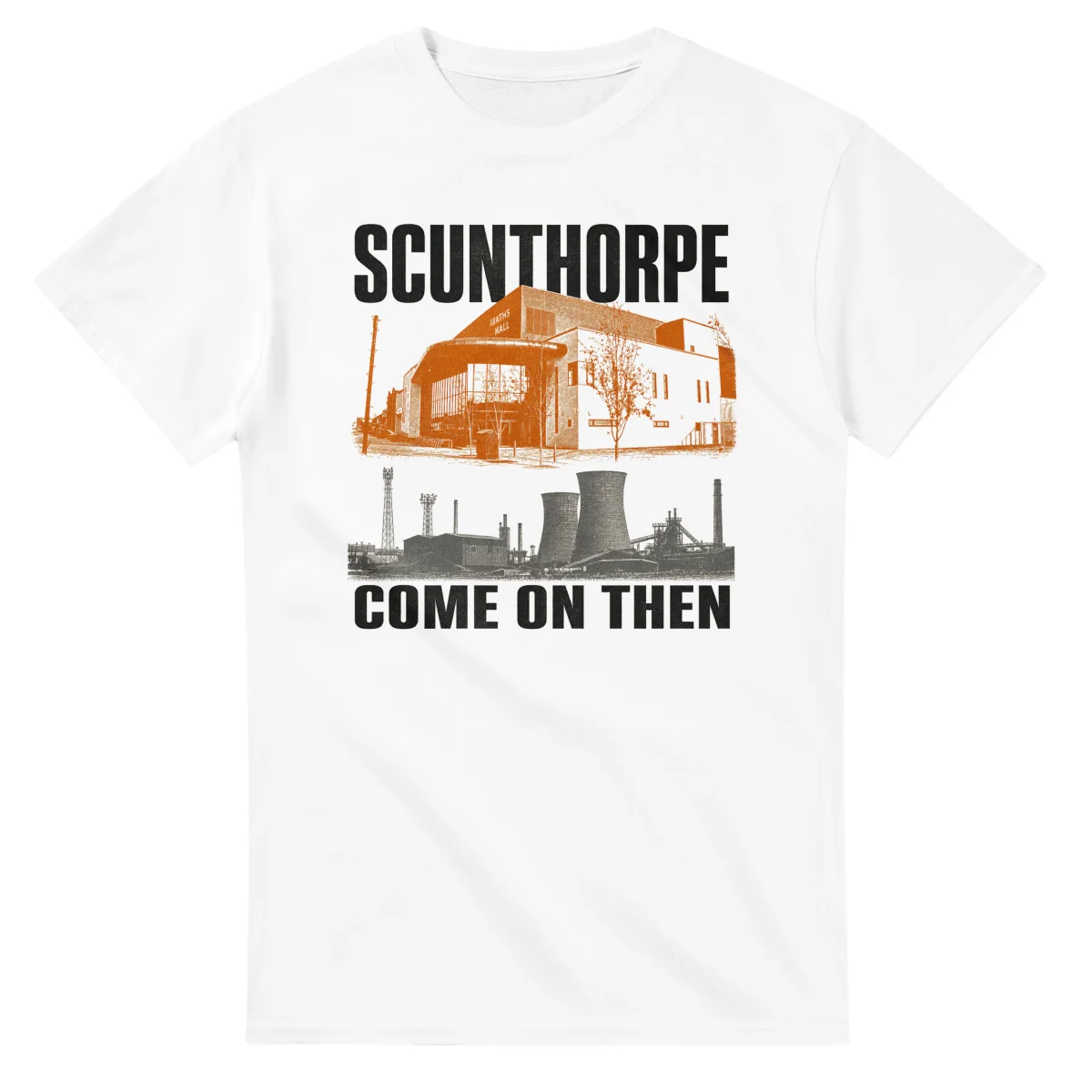 Two-colour scenic illustration for Scunthorpe, with the place name and COME ON THEN lettering.