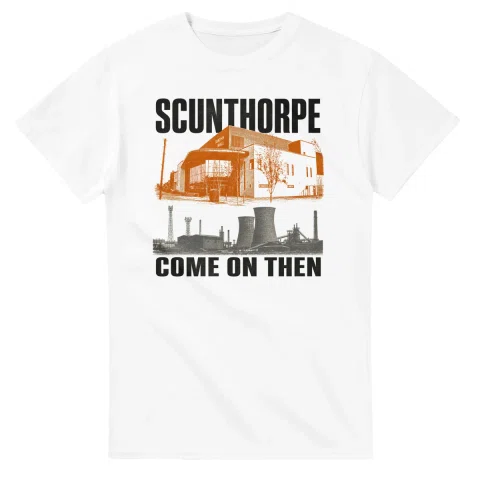 Two-colour scenic illustration for Scunthorpe, with the place name and COME ON THEN lettering.